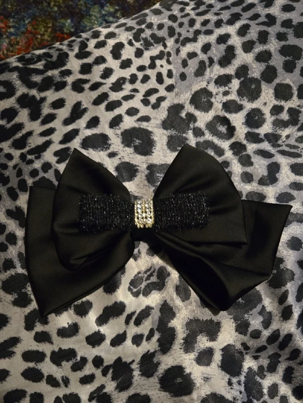 Elegant Black Satin Bow Hair Clip with Rhinestone Accent